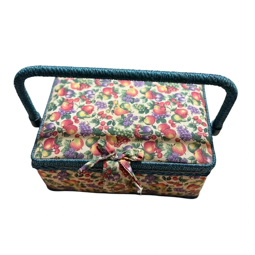 Vintage Fruit Print Sewing Basket Teal Wicker Trim Floral Craft Storage Box